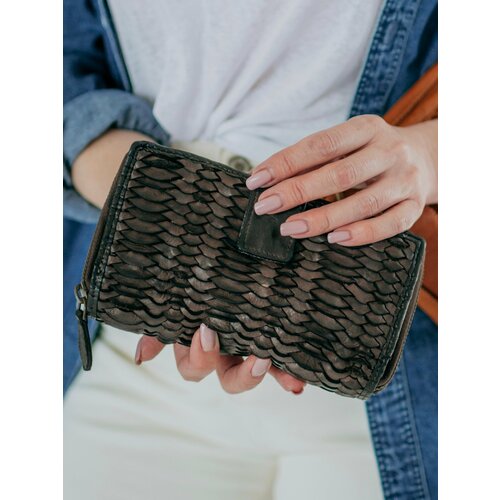 Бумажник Vera Pelle, фактура под рептилию, вязаная, плетеная, коричневый