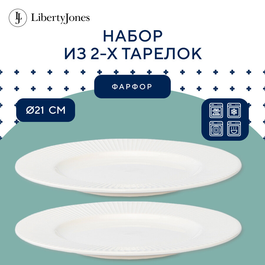 Тарелка обеденная 21 см фарфоровая Soft Ripples, Dual Glazing набор из 2 шт Liberty Jones LJ000013