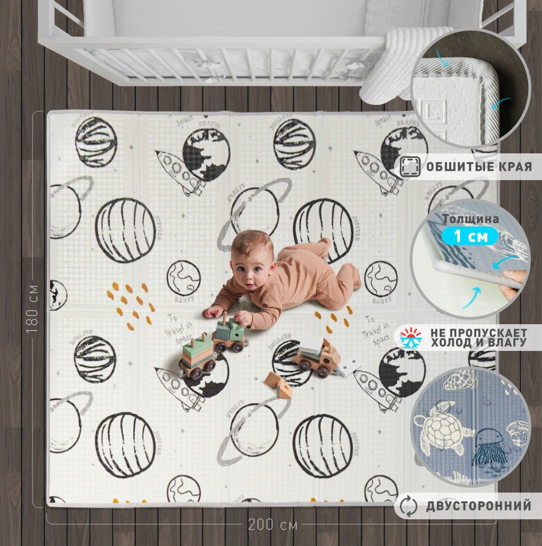 Коврик детский для ползания 180x200 MIKMEL Premium "Космос/Море"