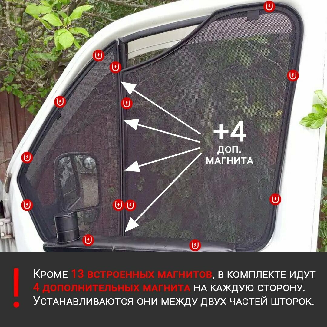 Каркасные шторки, сетки на магнитах для автомобиля Газель Соболь, Бизнес, Фермер 1996-2025, автошторки на передние стекла, с вырезом (для курящих), Cobra Tuning - 4шт. — фото 1