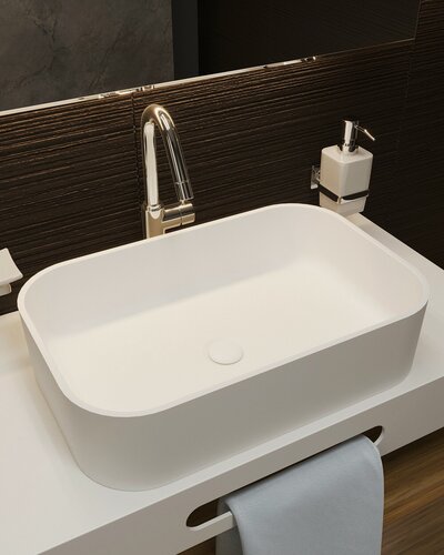 Изображение товара Раковина в ванную накладная Radostone Ornella Solid Surface белая матовая прямоугольная 580х380х140 мм