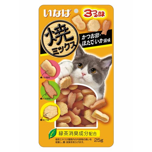Лакомство запеченное INABA Yakimiksu ассорти для кошек cо вкусом кацуобуси, морского гребешка и кальмара 25г