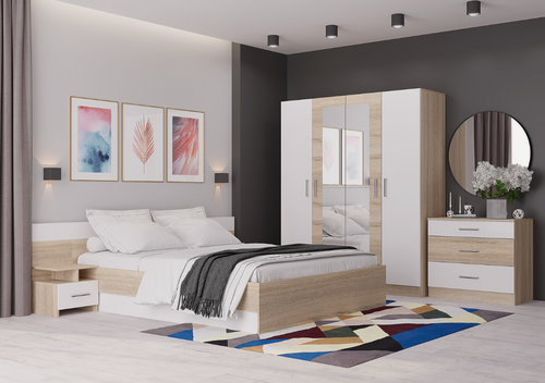 Изображение товара Спальня Леси сонома/белый (кровать 1.6, тумбы 2 шт, комод) + шкаф 4х ств. с зеркалом Горизонт