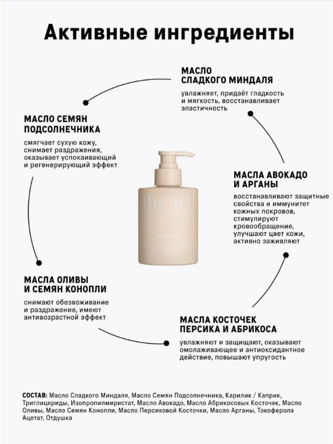 Массажное масло The Act "Delicate", для тела, гипоаллергенное, с дозатором, 200 мл — фото 1