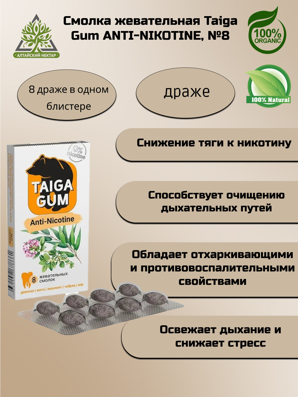 Жевательная смола Taiga Gum Anti-Nicotine, от курения, без сахара, №8