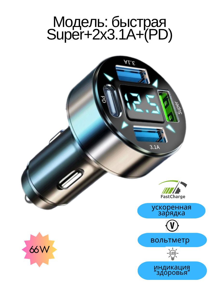 Автомобильная зарядка быстрая USB_Super+3.1A+QC3.0 с вольтметром