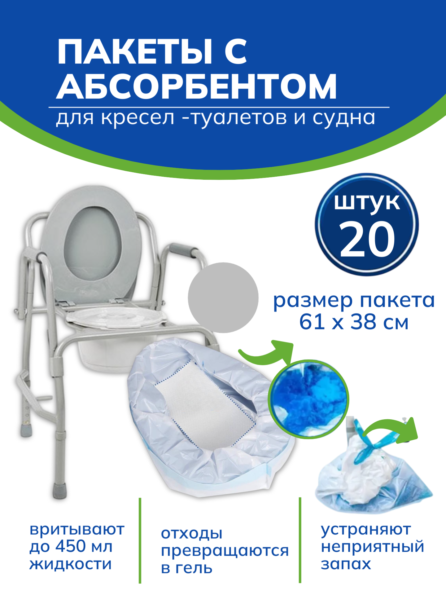 Одноразовые пакеты для кресел-туалетов с гелем LONDVI, 20 штук
