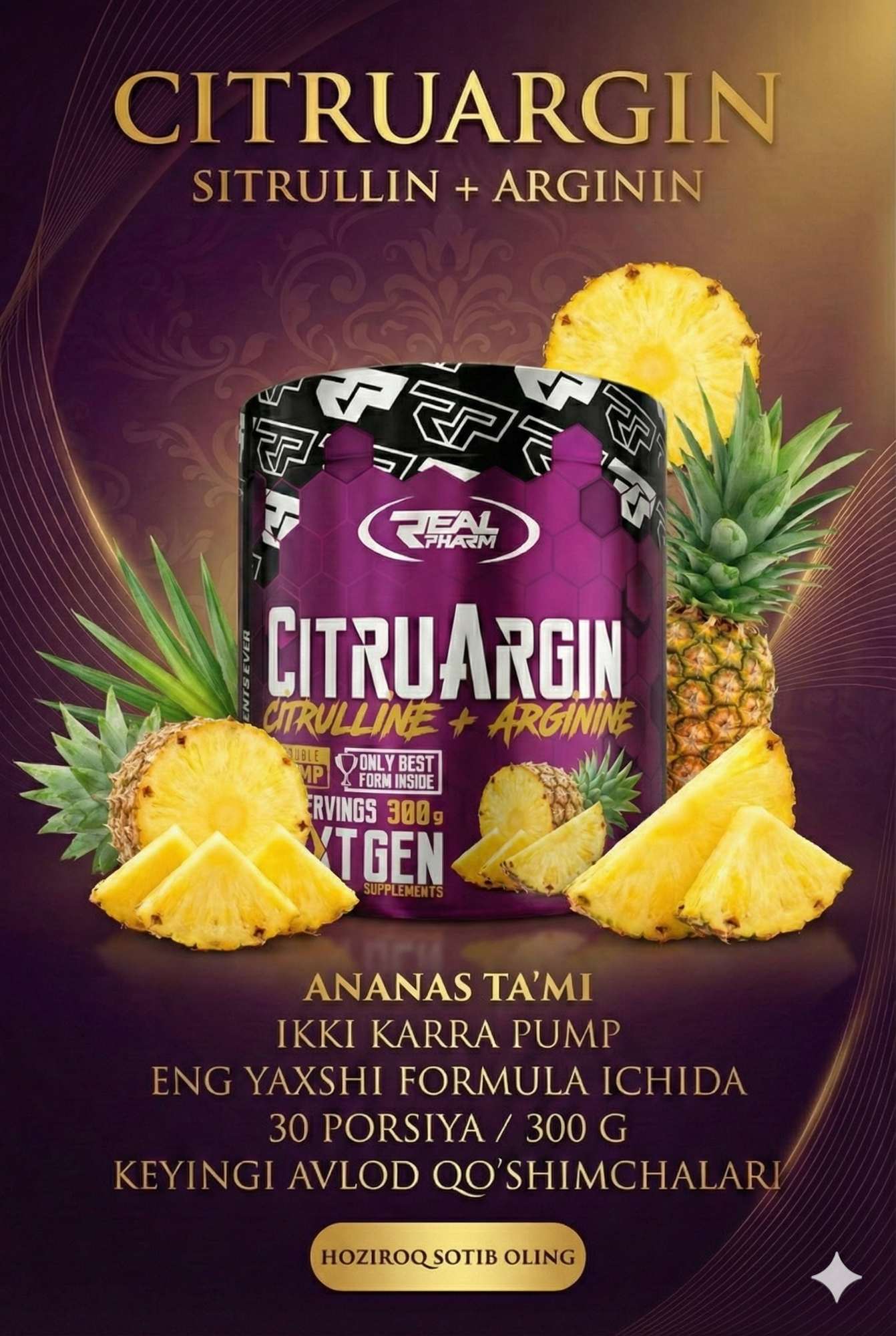 Real Pharm CitruArginin, со вкусом ананаса, для энергии и восстановления, 30 порций