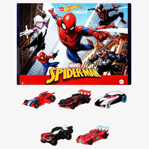 Коллекционный набор машинок Hot Wheels Character Cars Spider-Man 5-Pack (Хот Вилс Автомобили персонажей Человек-паук 5 машинок) набор игровой человек паук spider man бенди человек паук космическая миссия майлз моралес f38445l0