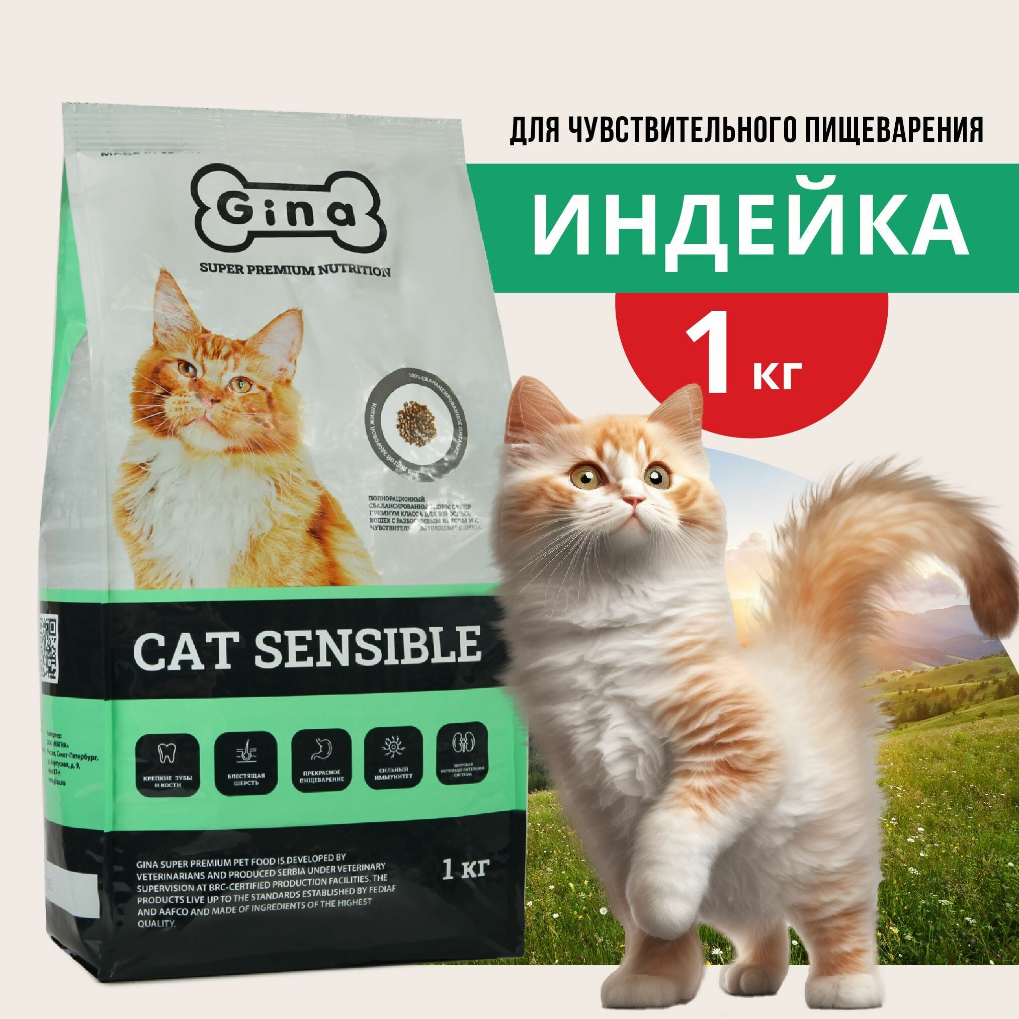 Корм для кошек сухой Gina Cat Sensible чувствительное пищеварение цыпленок индейка 1 кг