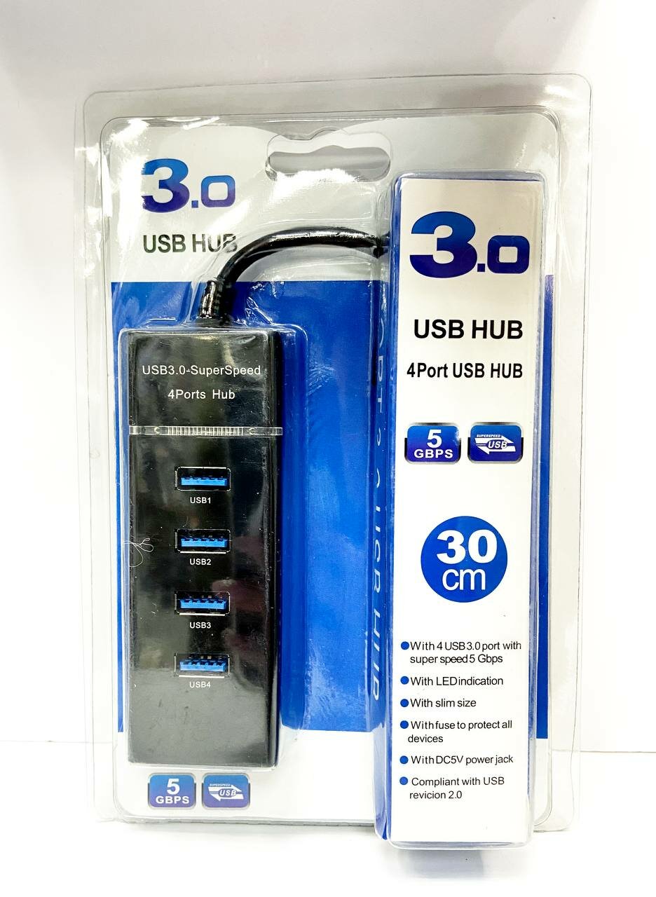 Разветвитель USB HUB 3.0 4 порта максимальная скорость 5 гбит с. Черный