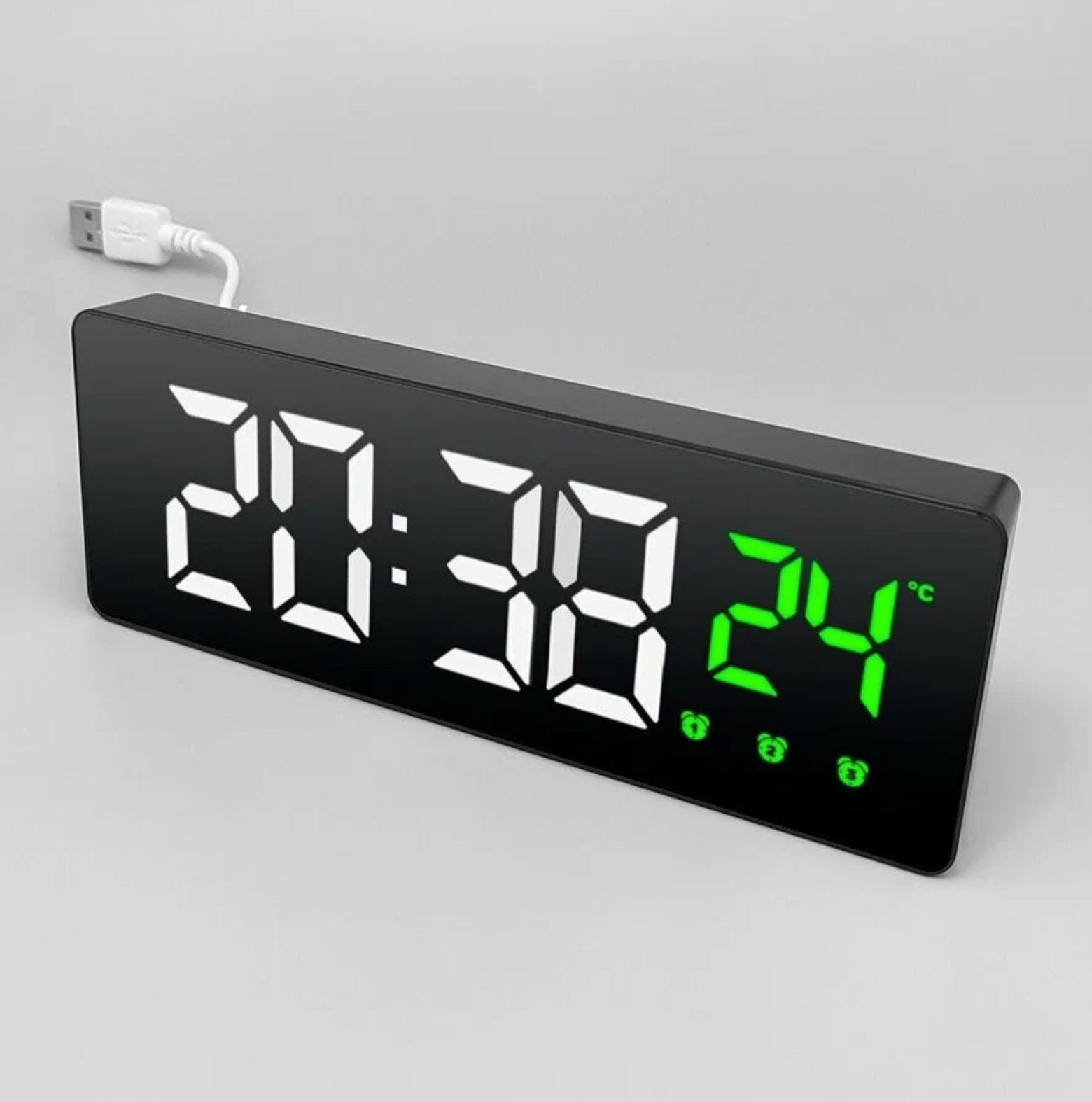 Часы электронные цифровые настольные с будильником, термометром и календарем (Космос X0715) белая / зелёная подсветка (черный корпуc)