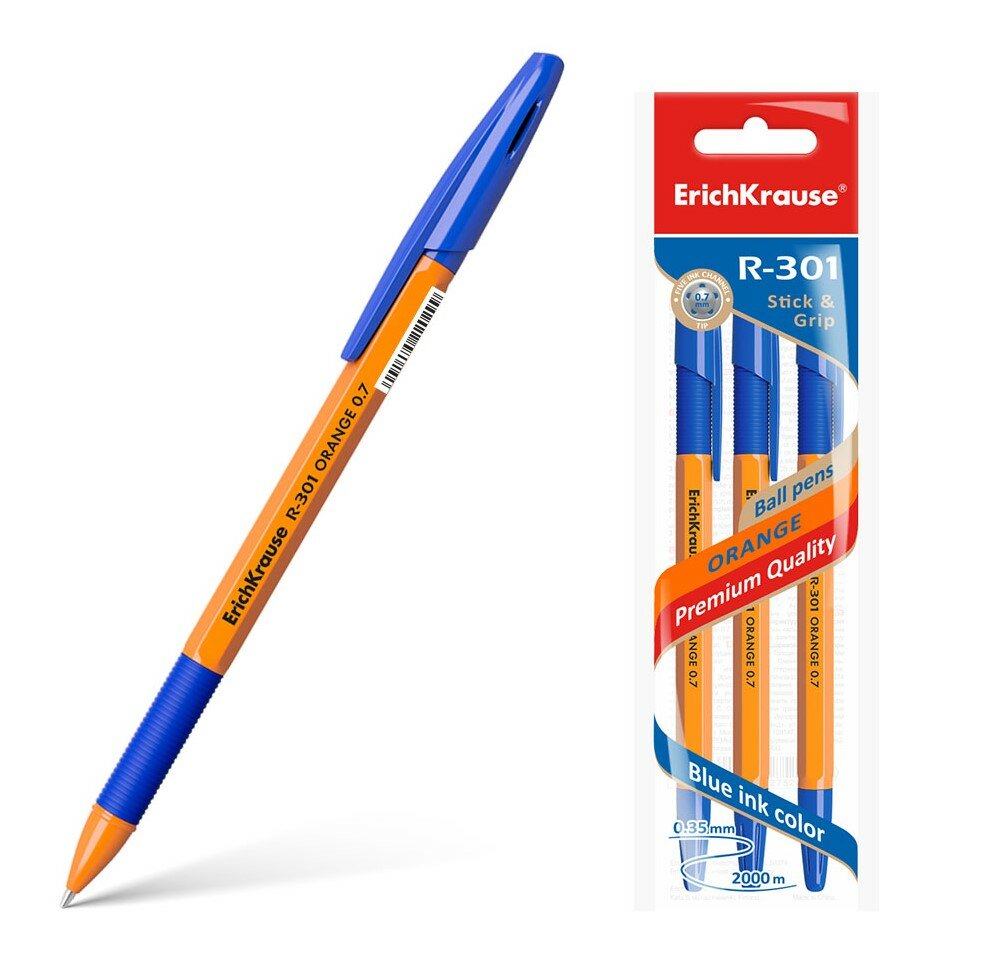Ручка шариковая Erich Krause R-301 Orange 0.7 Stick&Grip в наборе из 3 штук пакет - фото №17