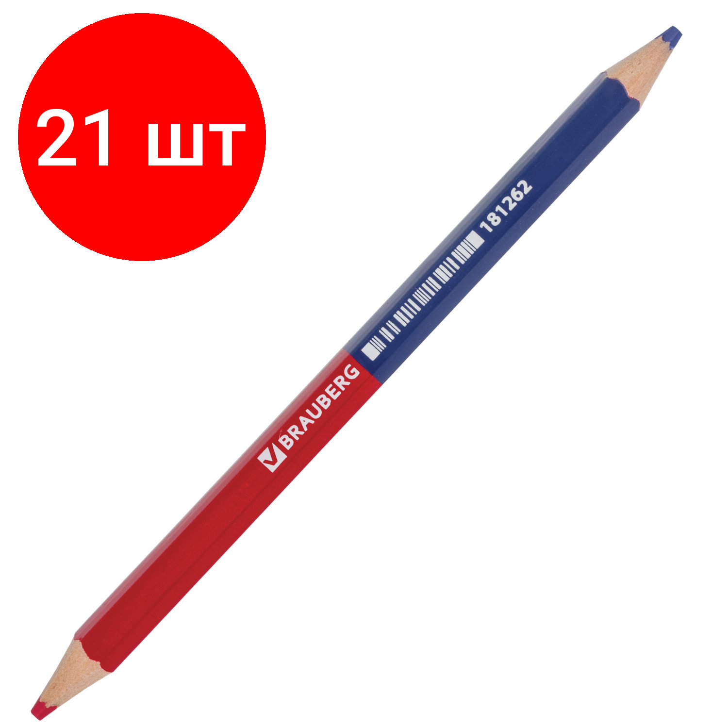 Комплект 21 шт, Карандаш двухцветный, красно-синий, утолщённый, BRAUBERG, заточенный, грифель 4.0 мм, 181262