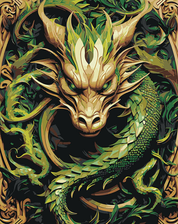 Картина по номерам на холсте Зеленый деревянный дракон 40х50