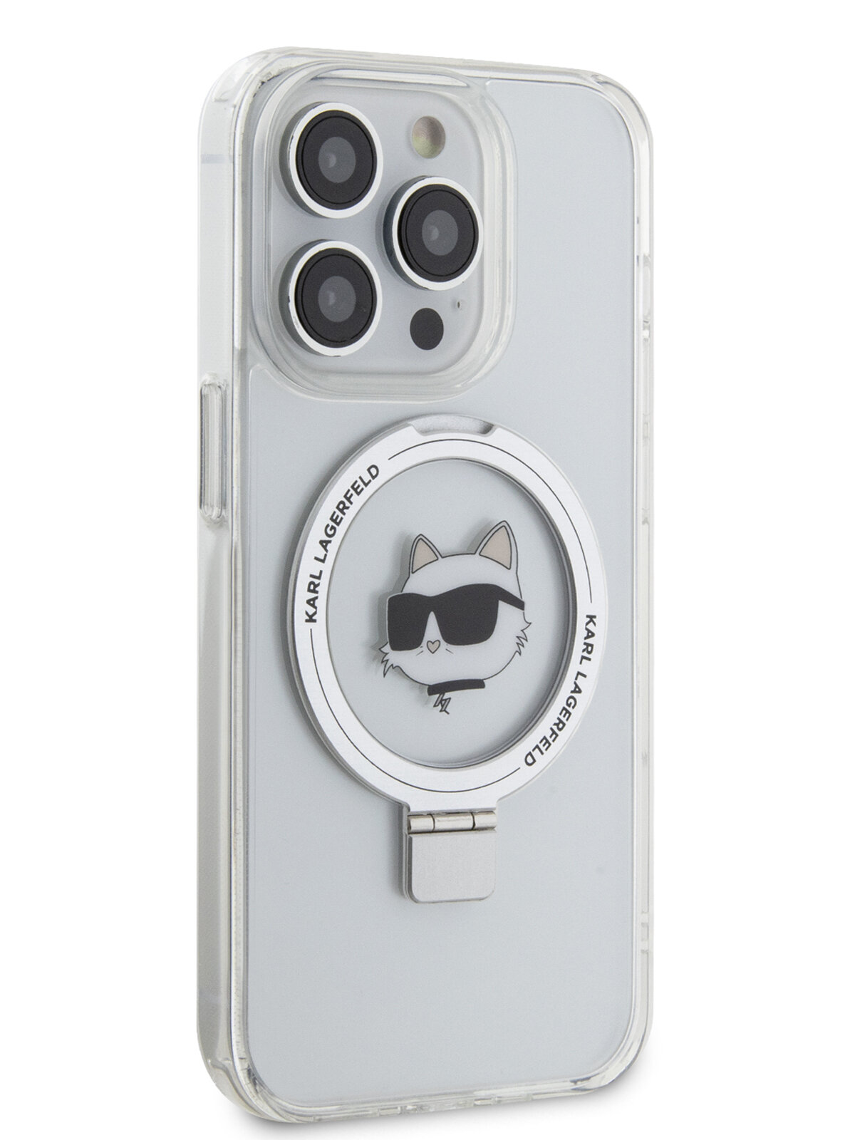 Lagerfeld для iPhone 15 Pro чехол PC/TPU + Ring stand NFT Choupette head Hard White (MagSafe)