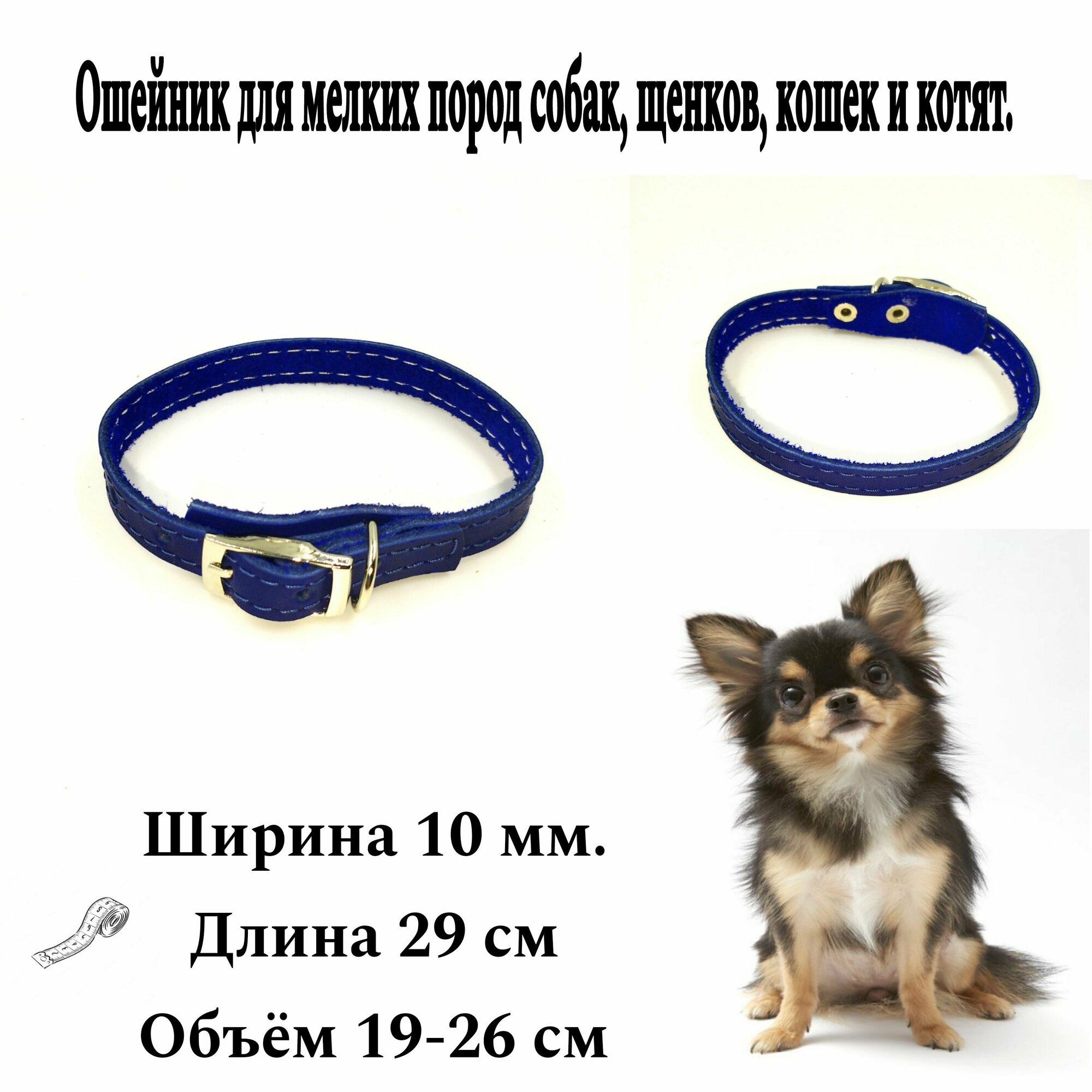 фото Ошейник из натуральной кожи для мелких пород собак, щенков, кошек и котят 10 мм*29 см. Объём шеи 19-26 см. Расстояние между отверстиями 1,5 см. Кожаный, повседневный ошейник.