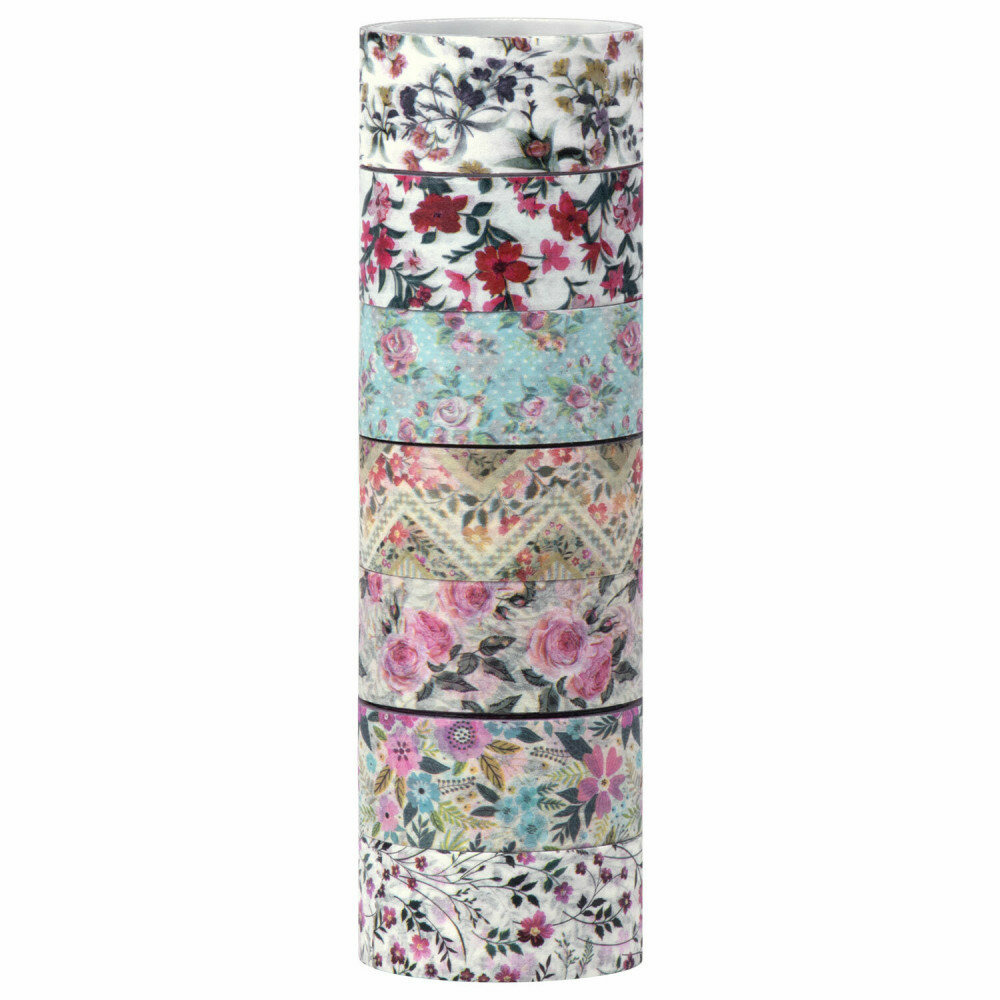 Клейкие WASHI-ленты для декора "цветочный микс", 15 мм х 3 м, 7 цветов, рисовая бумага, остров сокровищ, 661707, 1 шт