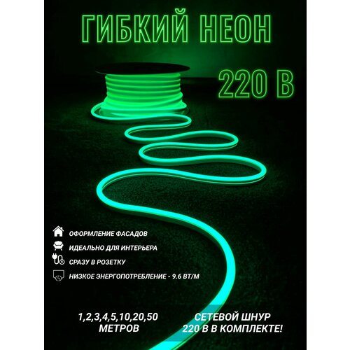 PJ Neon, Интерьерная неоновая светодиодная лента для улицы и помещения - гибкий неон 30м, 8х16мм, 220В, 120 LED/m, IP 67, зеленый