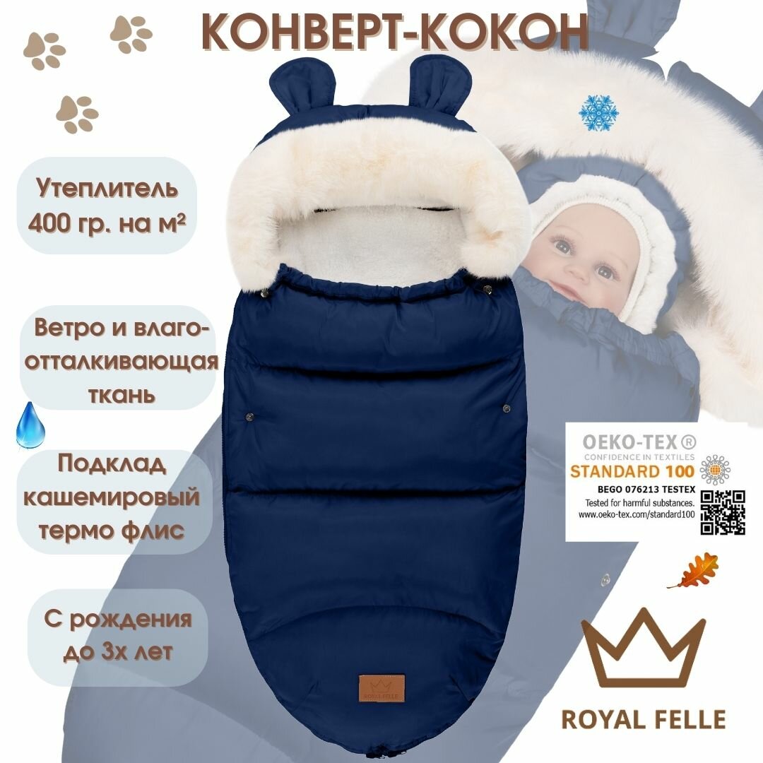 Конверт-кокон на выписку для новорожденных зимний ROYAL FELLE Cloud, синий размер 90