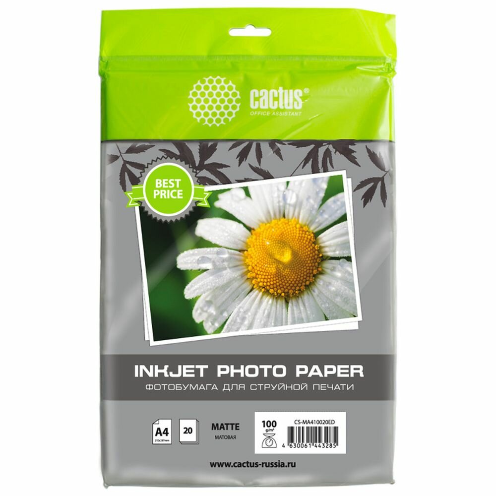 Фотобумага Cactus A4 матовая, 100г/м2, 20л, белая для струйной печати CS-MA410020ED