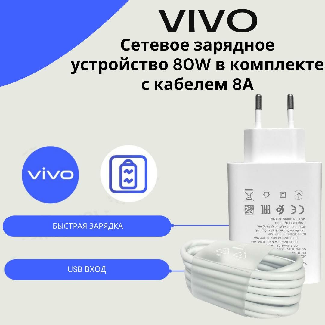 Сетевое зарядное устройство для Vivo 80W (V8060L0A0-EU) с USB входом в комплекте с кабелем Vivo USB Type-C 8A