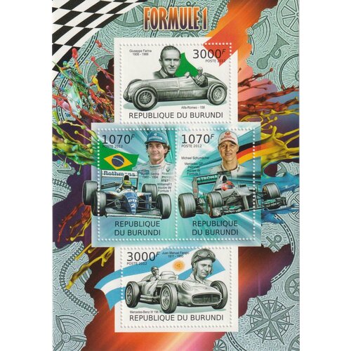 Почтовые марки Бурунди 2012г. Формула 1 Автомобили, Гонки MNH mercedes w196r world champion 1955 juan manuel fangio мерседес чемпион мира хуан мануэль фанхио