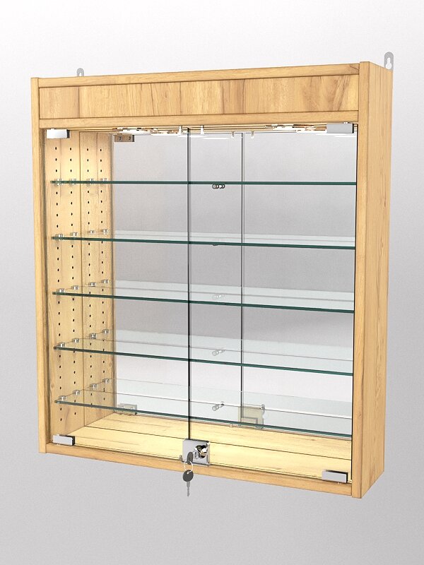 фото Витрина настенная с регулировочными полками №1-8А-РЕГ с зеркалом и подсветкой, Дуб Золотистый 60 x 15 x 67 см (ДхШхВ)