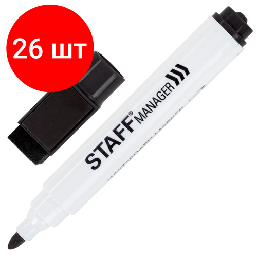 Комплект 26 шт, Маркер стираемый для белой доски на магните со стирателем, черный, 3 мм, STAFF Manager, 152002