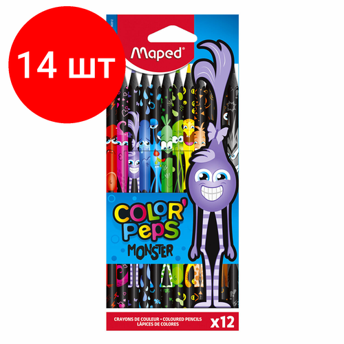 Комплект 14 шт, Карандаши цветные MAPED COLOR PEP'S Black Monster, набор 12 цветов, пластиковый корпус, 862612