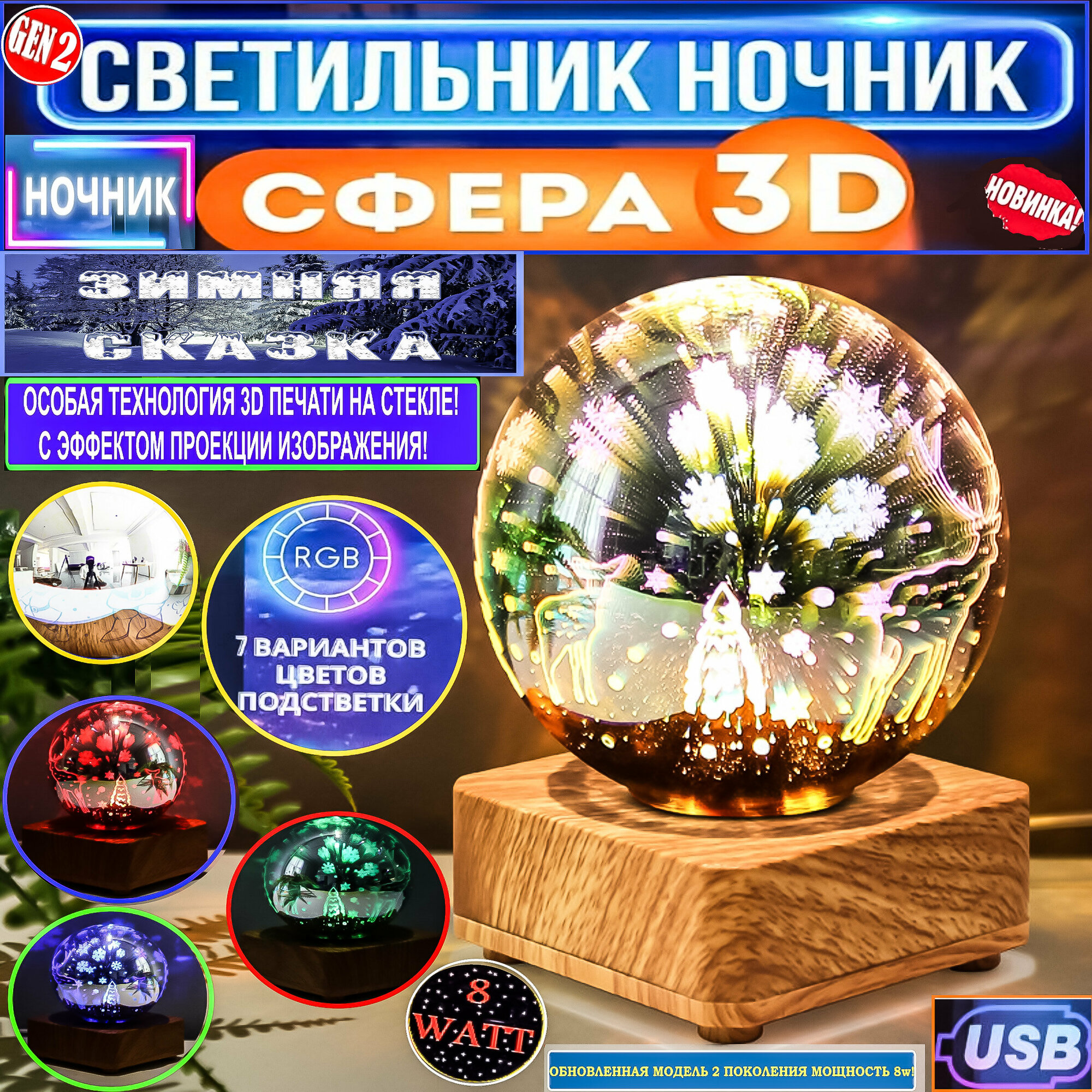 Ночник светильник настольная лампа 3D шар Фейерверк Зимняя сказка Олени/Новая модель RGBW 8w смена цветов с проекцией/USB/Без блока питания