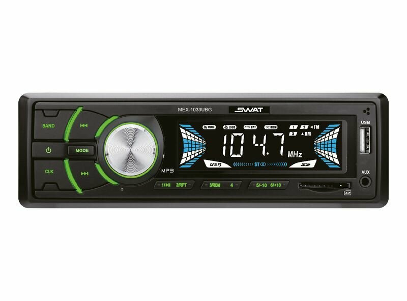 Автомагнитола MEX1033UBG /1 din4х50 вт MP3 USB SD2RCA зел. кнопки съемная окантовка/ SWAT SWAT MEX-1033UBG