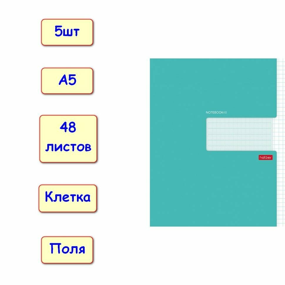 Тетрадь 48 листов, клетка с полями Бирюза, А5, 5шт (Хатбер)