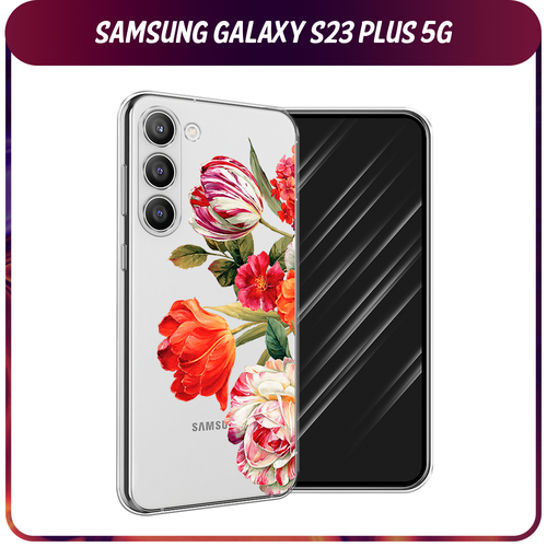 силиконовый чехол розовые и голубые бабочки на samsung galaxy s23 самсунг галакси s23 плюс 5g Силиконовый чехол на Samsung Galaxy S23 Plus 5G / Самсунг S23 Плюс 5G Весенний букет, прозрачный