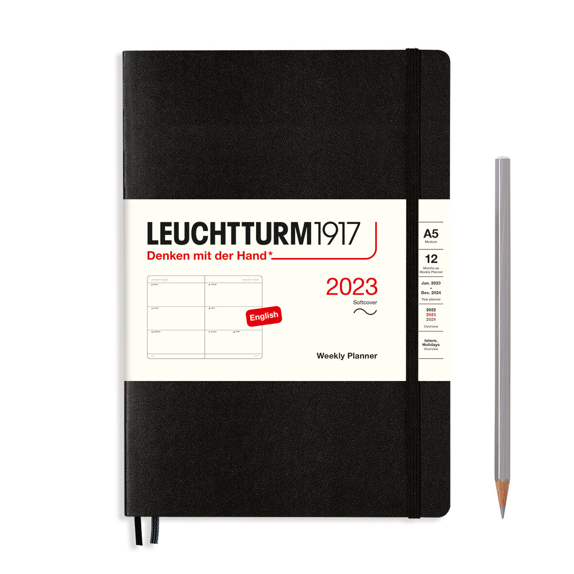 Еженедельник-планер Leuchtturm1917 Medium A5 (14.5x21см.) датированный на 2023 год, 80г/м2 - 144стр., мягкая обложка, цвет: черный