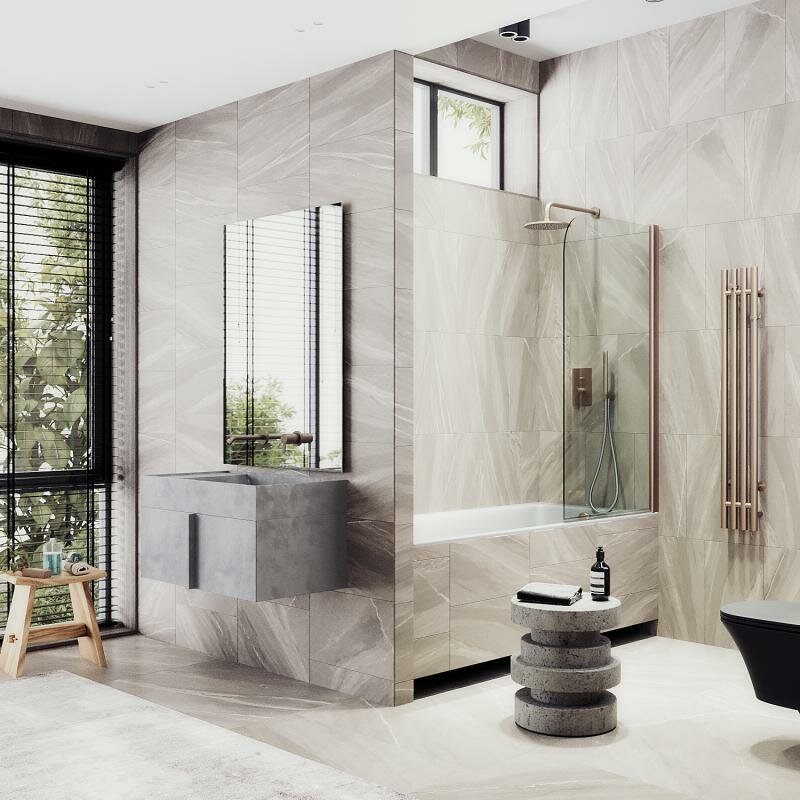 фото Maybah Glass Распашная шторка для ванны поворотная на монопетле 80 см, стекло прозрачное, профиль бронза MGV-600-2 Maybah Glass