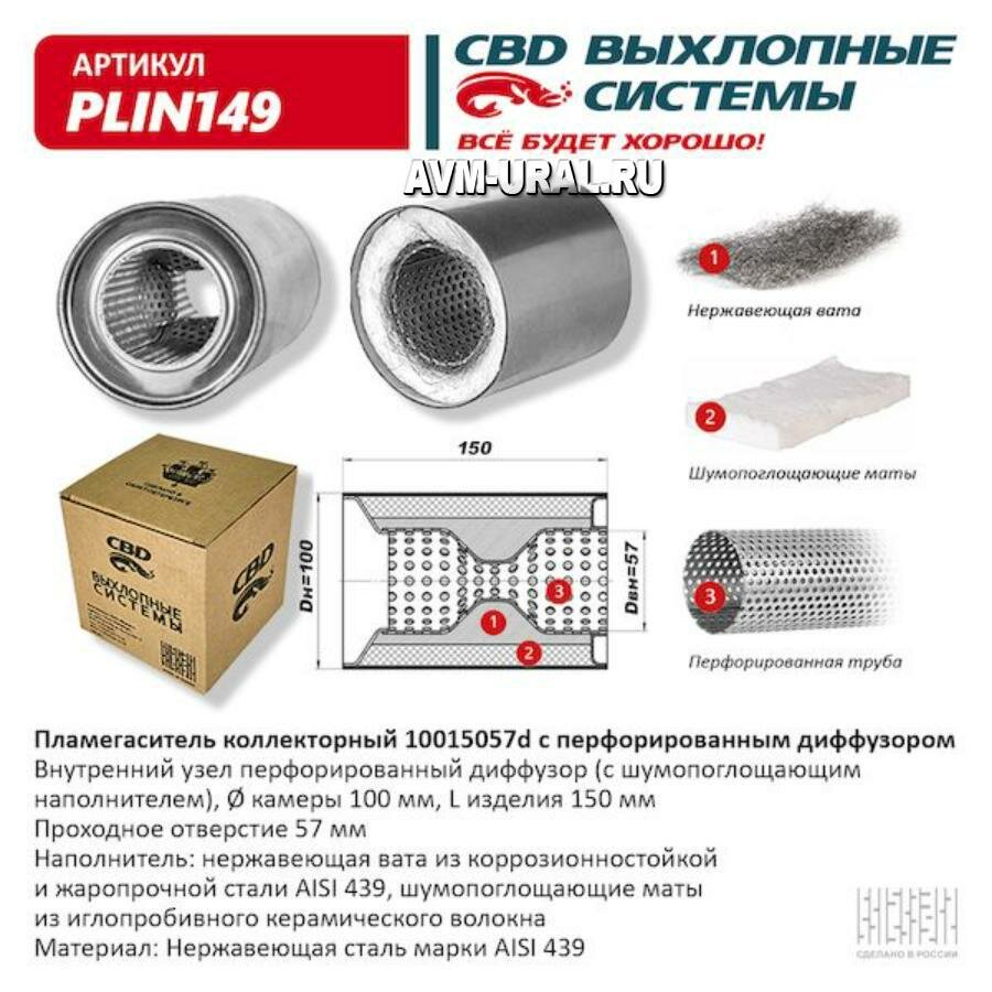 CBD PLIN149 Пламегаситель коллекторный перфорированный внутренний узел нерж. сталь 100 х 150 х 57