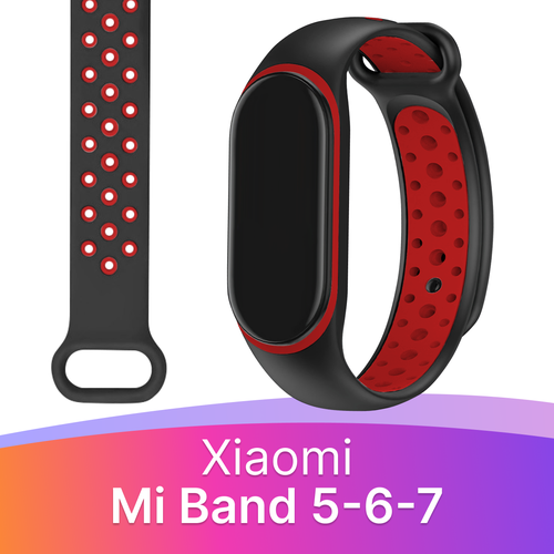 силиконовый ремешок для фитнес трекера xiaomi mi band 2 silicon lite green Силиконовый перфорированный ремешок для фитнес-трекера Xiaomi Mi Band 5, 6 и 7 / Спортивный браслет на смарт часы Сяоми Ми Бэнд 5, 6 и 7 / Черно-красный