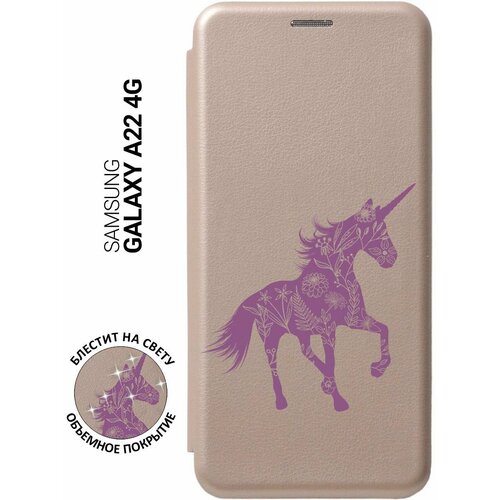 Чехол-книжка на Samsung Galaxy A22, M32, M22, Самсунг А22, М32, М22 с 3D принтом Floral Unicorn золотистый матовый чехол musical unicorn для samsung galaxy a22 m32 m22 самсунг а22 м32 м22 с 3d эффектом бирюзовый