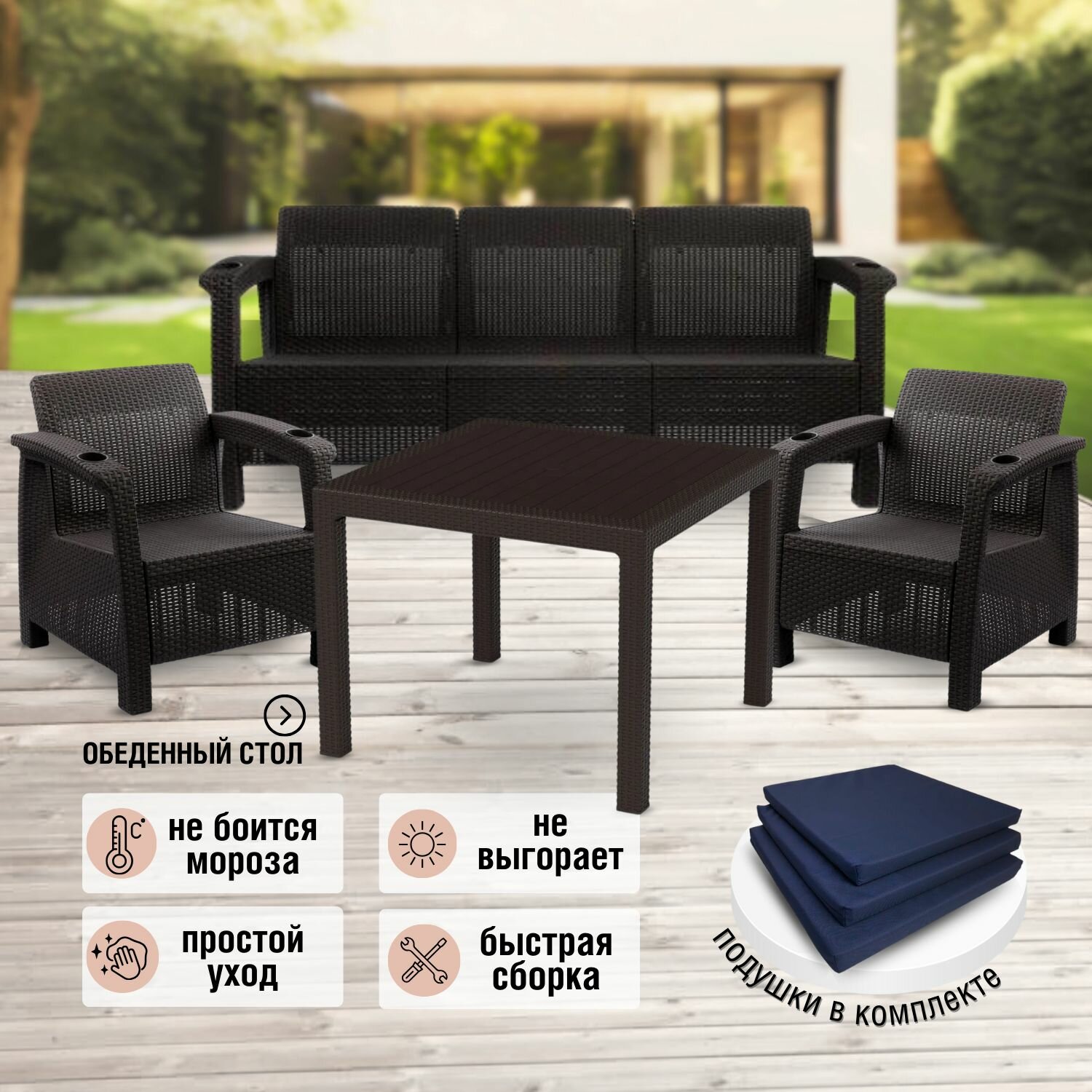 фото Садовая мебель. Комплект ViCtory Set 3+1+1+t+подушки темно-синего цвета