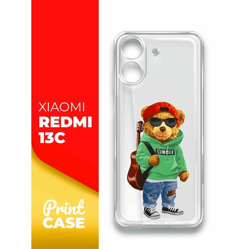 Чехол на Xiaomi Redmi 13C (Ксиоми Редми 13С), прозрачный силиконовый с защитой (бортиком) вокруг камер, Miuko (принт) Мишка Гитара чехол на xiaomi redmi 13c ксиоми редми 13с прозрачный силиконовый с защитой бортиком вокруг камер miuko принт цветы белые