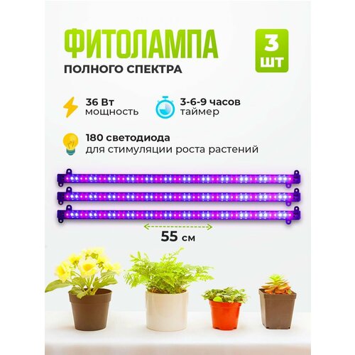 Фитолампа для растений в наборе 3 шт, 36 Вт.