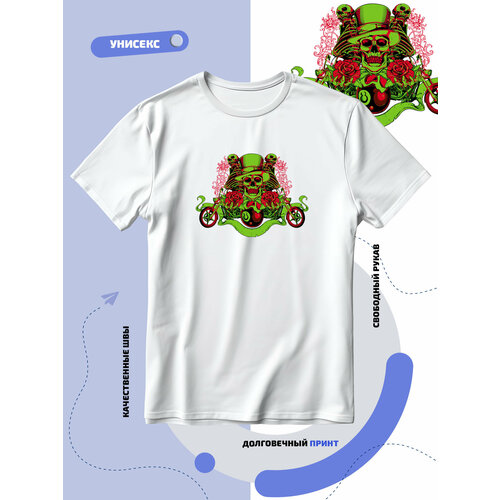 фото Футболка скелет в цилиндре с мотоциклами и розами, размер 4xl, белый smail-p