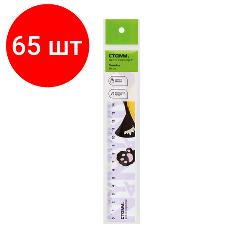 Комплект 65 шт, Линейка 20см СТАММ Ушки, пластиковая, широкая, европодвес