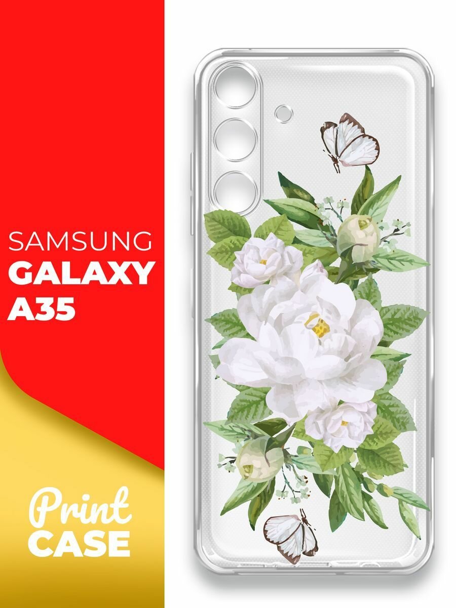 Чехол на Samsung Galaxy A35 (Самсунг Галакси А35), прозрачный силиконовый с защитой (бортиком) вокруг камер, Miuko (принт) Цветы белые