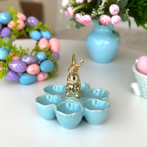 Пасхальная подставка для яиц Золотой Кролик голубой-перламутровый диаметр 17см , 6 яиц (керамика) ТОиТО