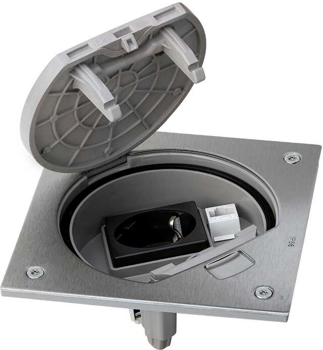 фото Лючок влагостойкий IP66 с электрической розеткой и модулем RJ45 Simon Connect K45, цвет нержавеющая сталь, KSE15U-23-72