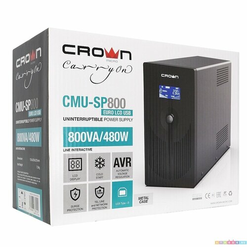 CROWN CMU-SP800EURO LCD USB Источник бесперебойного питания CM000001871 источник бесперебойного питания crown line intractive cmu 650euro lcd usb 650va 360w корпус металл 1x12v 7ah розетки 2 euro 3 iec трансформатор av