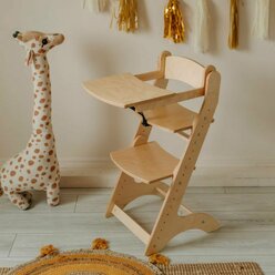 Растущий стул детский ортопедический со спинкой и столиком для кормления, не окрашенный, шлифованный.