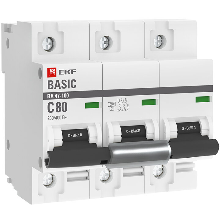 Выключатель автоматический 80А 3П трехполюсный характеристика C 10kA ВА 47-100 Basic mcb47100-3-80C-Bas EKF